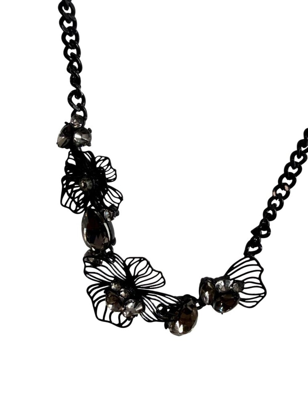 NEW Simply Vera Vera Wang Black Wire Flower Necklace Rhinestones Chain Goth - Picture 2 of 6